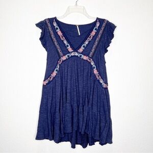 Free People Embroidered Ruffle Cap Sleeves Tunic Top